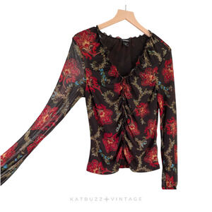 Y2K Express Floral Top L Brown Red Mesh Floral Fairy Grunge Whimsigoth Long Slee